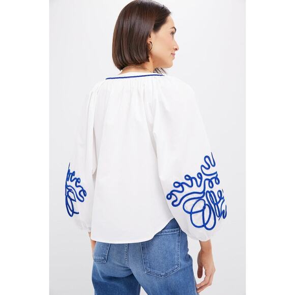 HYACINTH HOUSE White & Royal Blue Soutache Stella Blouse Size L NWT - Picture 2 of 8
